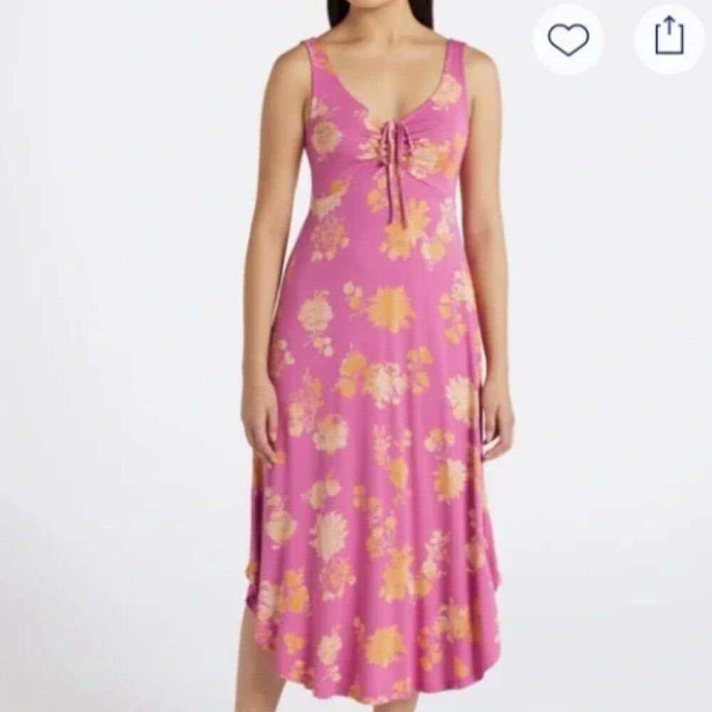 Z Supply Jamie Midi Dress Womens Large Pink Orange Floral Tank V-Neck High/Low